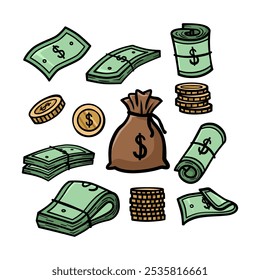 Set of Doodle handdrawn of cash, coins, money bag, dollar bills, stacks of money, currency, wealth
