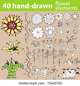 Set of doodle hand-drawn flower elements. Layered and easy to colorize.