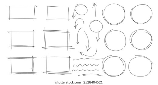 Satz handgezeichneter Doodle-Markierungen, Pfeile, Markierungen und Markierungen für unterstrichene Textzeilen. Sammlung von Skizzenelementen aus Kreisen, Rechtecken, Quadraten, Ovalen, Markierungen. Pinsel-Doodle-Form für Notizen