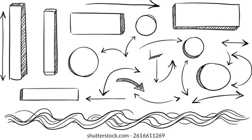Set of doodle handdrawn highlight, arrows, text underline strokes and marks. 