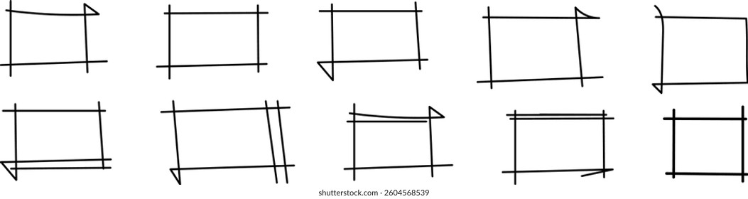 Set of doodle handdrawn highlight rectangles. Collection of pencil or pen sketch elements of squares and marks Brush doodle shape for message note