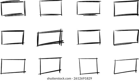 Set of doodle handdrawn highlight rectangles. Hand drawn ink frame collection. Rough sketch rectangle borders set. Collection of marker, pencil, or pen sketch elements of squares and marks transparent