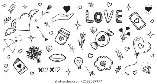 Set of doodle hand-drawn images about love on white background. Valentines Day collection. Design elements. Isolated icons. Valentines Day background. Stikers about love. Vector illustration. 