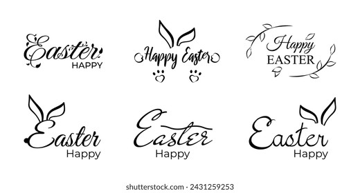 Set doodle hand-drawn lettering Happy Easter. Vector typography text isolated logo without background with symbols, badges for a banner, invitation, poster.