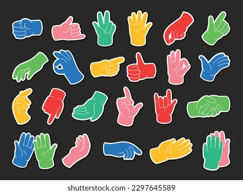 Set of doodle hands. Multicolored stickers for social network with different arm or palm gestures. Okay, high five, peace. Body language. Cartoon flat vector illustrations isolated on black background