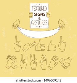 Set of doodle hands showing different signs such as  pointing, like, dislike, victory, holding labels. Texture like old paper.  Hand drawn textured vector cartoon illustration for your design.