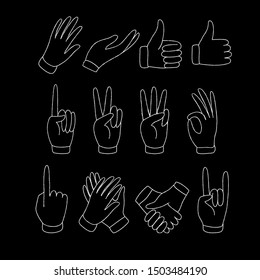 Set of doodle hands showing different signs such as  pointing, like, dislike, victory. Hand drawn textured vector cartoon illustration for your design.