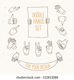 Set of doodle hands showing different signs such as  pointing, like, dislike, victory, holding labels. Hand drawn vector cartoon illustration for your design.