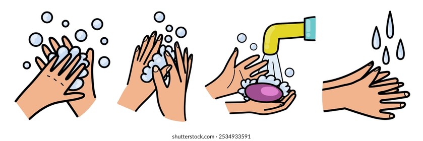 Set of doodle hands washing. Hygiene icons collection with water, soap and bubbles. Handwash routine in cartoon style vector illustration