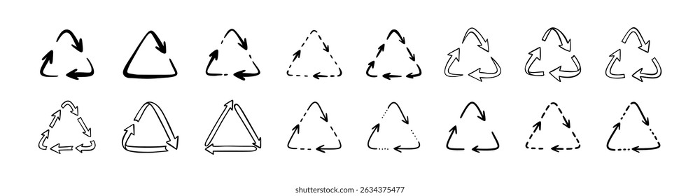 Set of doodle handwriting recycle plastic symbol. Icon sign of pp, pet, hdpe, ldpe, pvc. Eco-friendly concepts design element. Spinning, rotating, circulation arrow. Reuse pictogram drawing