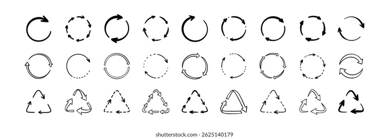 Conjunto de símbolos de reciclagem de manuscrito de rabiscar. Sinal de seta circular e arredondada. Ícone de ciclo de repetição de reutilização desenhado à mão. Desenho de ecologia de linha de vetor de giz de cera. Atualizar, redefinir, baixar ilustração de rabisco