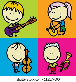 Set of doodle happy children band with musical instruments