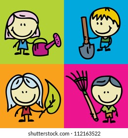 Set of doodle happy children with garden tools