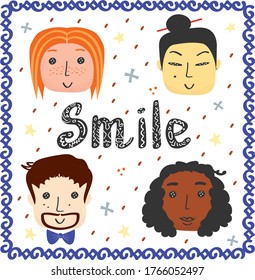 Set of doodle happy different race people. Asian, redhair ginger girl, curly afro-american woman and european hipster young man in bow tie. Smiled faces for avatar. Four vector multicultural character