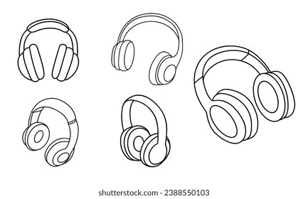 Conjunto de auriculares con doodle. Auriculares dibujados a mano con contorno. Arte vector dibujado a mano.