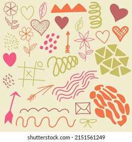 Set of doodle heart drawings, flowers and design elements, vector graphic.