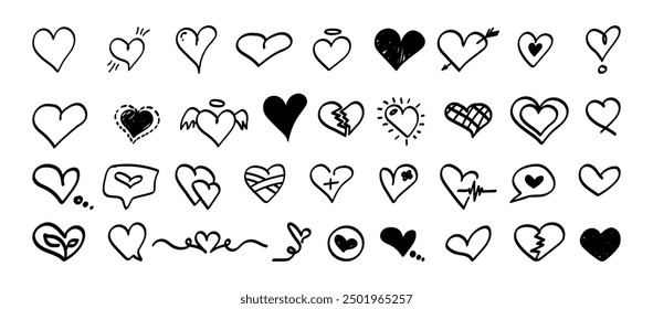 Set of doodle heart shapes on white background. Hand drawn flat vector love, romantic line and solid symbols. 