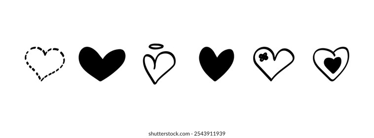 Conjunto de Formas de corazón doodle sobre fondo blanco. Vector plano dibujado a mano amor, línea romántica y símbolos de diseño sólido. Colección de iconos del día de San Valentín.	