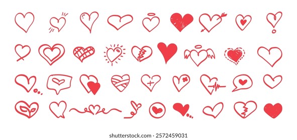 Set of doodle heart shapes on white background. Hand drawn flat vector love, romantic line and solid design red symbols. Valentine's Day icons collection.	