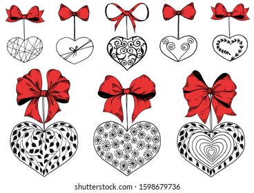 Set of doodle heart shapes and red bows for Valentine's Day design. Hand drawn vector illustration isolated on white.