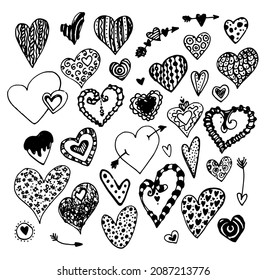 A set of doodle hearts. A collection of hearts with patterns and textures for your wedding design, a symbol of love for Valentine's Day. hand-drawn hand-drawn doodles in the style of cute hearts 