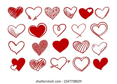 Set of doodle hearts. Collection red hearts with different stroke thickness. Sketch grunge paint brush logo. Vector illustration