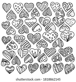 Set of doodle hearts with different linear patterns, simple cute hearts with lines, circles and waves, vector outline illustration for design and creativity