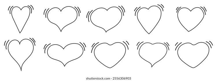 Set of doodle hearts of different shapes. Rhythmic Hearts drawn with black lines. Vector outlines of love symbol and beating heart. Templates for web design, simple vector for Valentine's Day card.