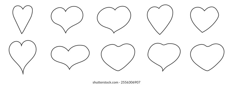 Set of doodle hearts of different shapes. Hearts drawn with black lines. Vector outlines of the symbol of love and romance. Templates for web design, simple vector for a postcard for Valentine's Day.