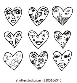 Set of doodle hearts with face fruits landskapes pattern inside ink hand drawn sketch vector illustration for cards holydays love valentine design.