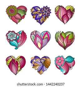 Set of  doodle  hearts with flowers and plants for Valentine's Day or weddings