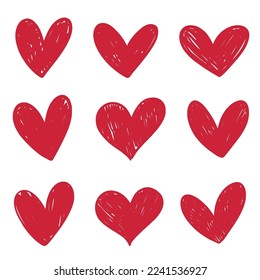 Conjunto de corazones de garabatos. Dibujo manual del amor a los íconos. Elementos para el Día de San Valentín sobre fondo blanco aislado.
