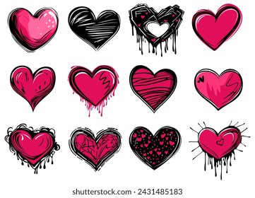 set doodle corazones icono. Amor dulce símbolo romántico diseño de San Valentín ilustración vectorial