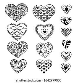 Set of doodle hearts isolated on white background. Design for birthday, wedding, Valentine's Day, mother's day. Vector illustration.