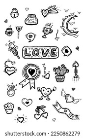 set doodle hearts love element, hand drawn sketch vector