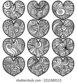 Conjunto de corazones de doodle con patrones, valentinas con ilustración vectorial de curls zen