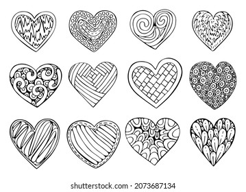 Set of doodle hearts. Romantic objects decorated with ornaments. Cute love symbol. Hand drawn thin line art vector illustration. Isolated simple element.