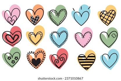 Set of doodle hearts shape on pastel color handdraw. Vector illustration for your graphic design.