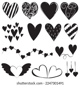 set of doodle hearts silhouette design vector isolated