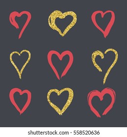 set of doodle hearts in style, logo, symbol of love gold, rose on a black background. use in decoration, design, emblem. vector illustration.