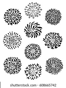 Set of doodle herbal dandelion mandala symbols and round outline flower elements. Stamens, pistils in floral circles. Black and white silhouette hand-drawn ink plant graphics. Vector illustration.