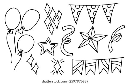 set doodle holiday items with balls, flags, confetti. It is suitable decorating materials parties, holidays, advertisements and products related to various celebrations and festive events. birthday