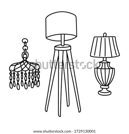 set of doodle home lighting with a chandelier and lamps. Interior decor elements for furniture catalogs, housewarming cards, textile prints, or graphic design projects in the form of coloring books.