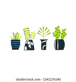 Set of doodle home plants. Vector hand drawn pots with flowers.