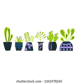 Set of doodle home plants. Vector hand drawn pots with flowers. Doodle silhouette on white background.