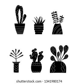 Set of doodle home plants. Vector hand drawn pots with flowers. Doodle silhouette on white background.