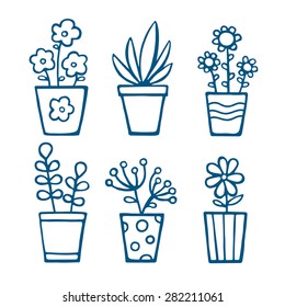 Set of doodle home plants. Vector hand drawn pots with flowers. Doodle silhouette on white background.