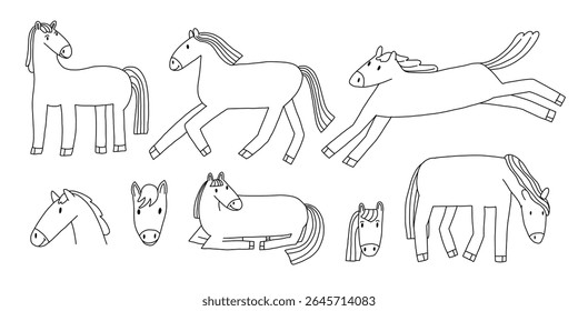 Set of doodle horses, hand drawn horse illustrations, Chinese zodiac year of the horse, cute pony characters, black and white sketch animals for print, sticker, coloring book, New year 2026