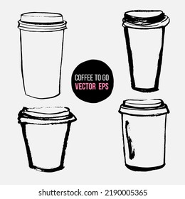 Set of doodle Hot coffee disposable to go cup with lids isolated on a white. Hand drawn illustrations.  Design elements for cafe menu or coffee shop.