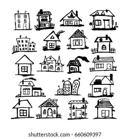 A set of doodle houses. Hand-drawn houses. Vector illustration